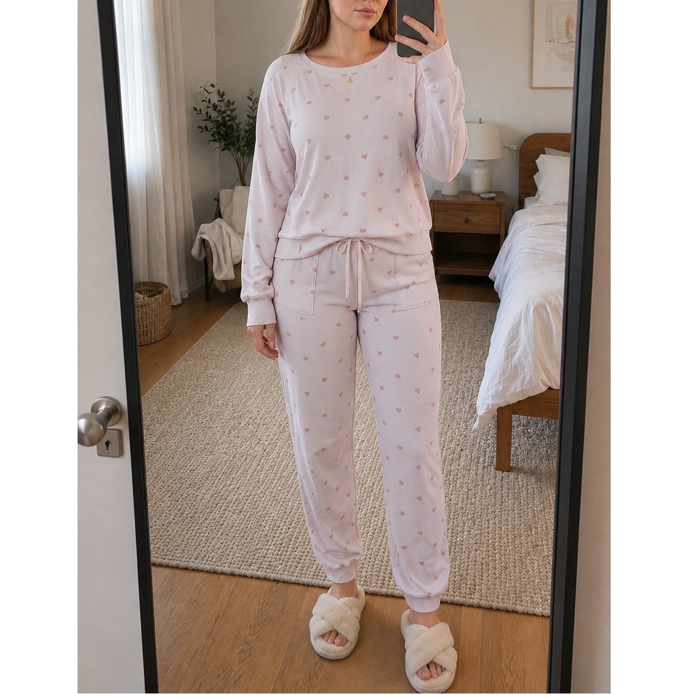 Jane + Delancey Womens Sweatshirt Jogger Set XL Pink Heart Print Lounge Pastel